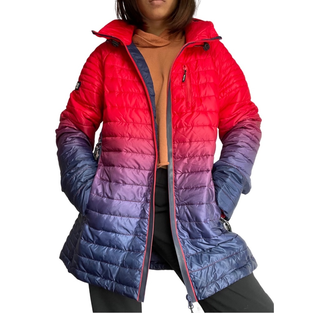 Superdry Sport Power Fade Ombre Padded Jacket in Red W/O fur trim hood—Size 12